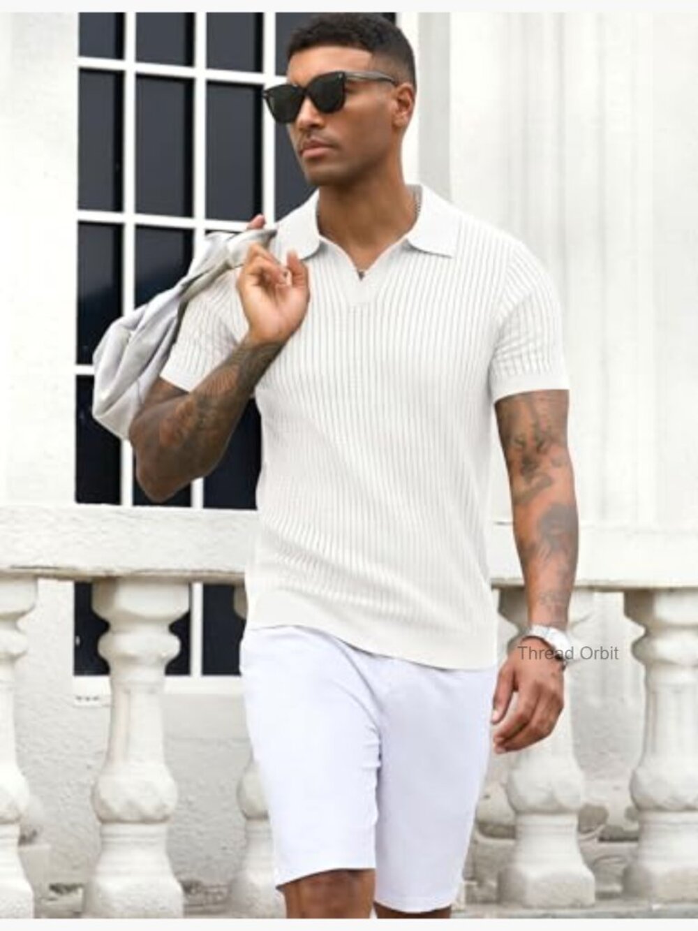 Mens V Neck Polo Shirt Short Sleeve Muscle Hollow Knit Golf Tee - Picture 4 of 7